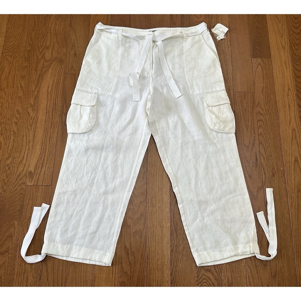 Saint Tropez West 100% Linen Cargo Capri Pants Size 14 Ivory Tie Hem NWT Coastal